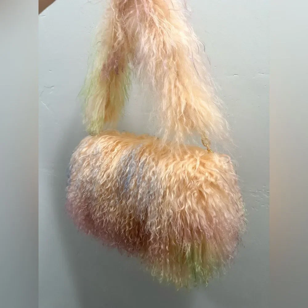 Colorful Real Mongolian Lamb Fur Handmade Boho Style, Fold Over Flap Handbag
